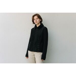 Escapade Women's Black Suede Jacket M Detachable Fur Collar corset chain grunge